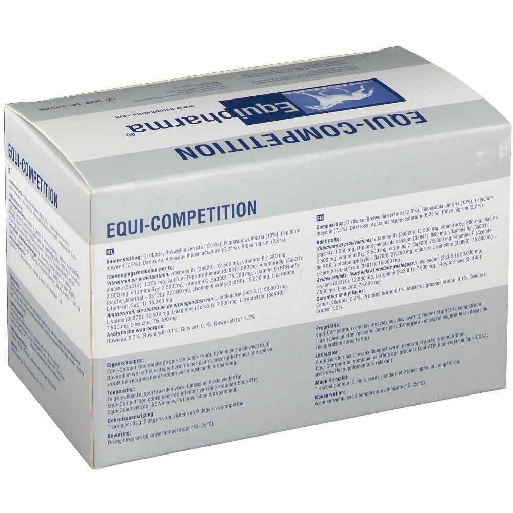Boîte EQUI-COMPETITION Equipharma®. Graphique bleu avec cheval. Informations produit imprimées. 12 sachets.