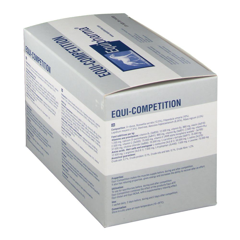 Boîte EQUI-COMPETITION Equipharma®. Graphique bleu avec cheval. Informations produit imprimées. 12 sachets.