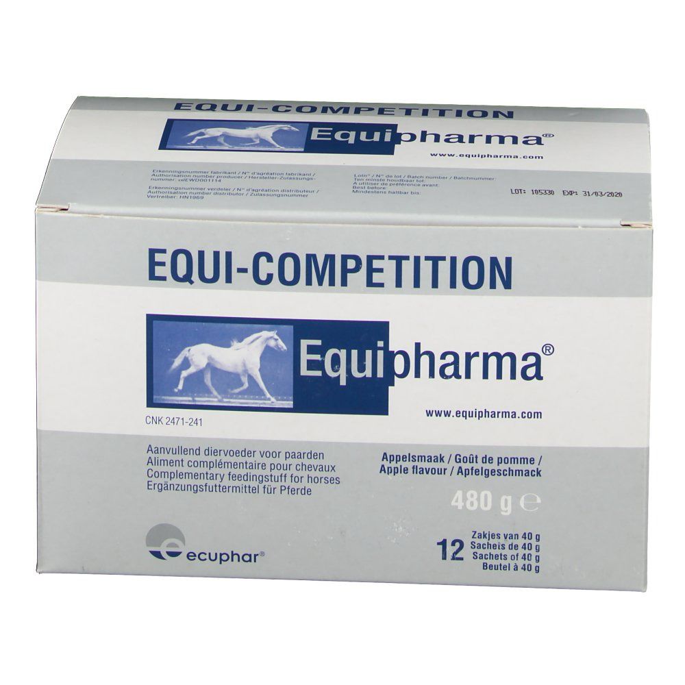 Boîte EQUI-COMPETITION Equipharma®. Graphique bleu avec cheval. 480g, 12 sachets, goût pomme.