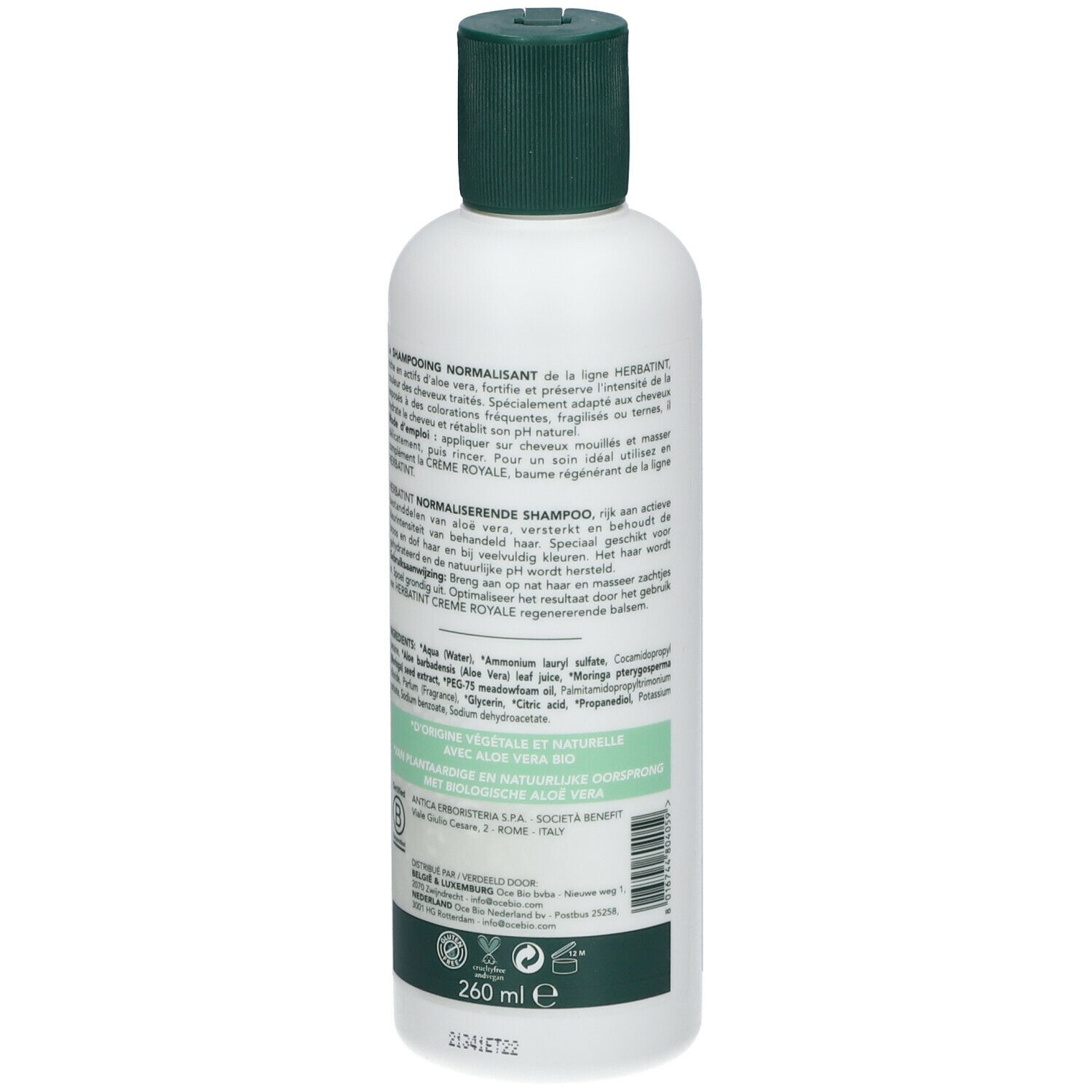 Dos d'un flacon blanc avec bouchon vert. Texte en plusieurs langues. Inscription: Herbatint, Shampooing normalisant.