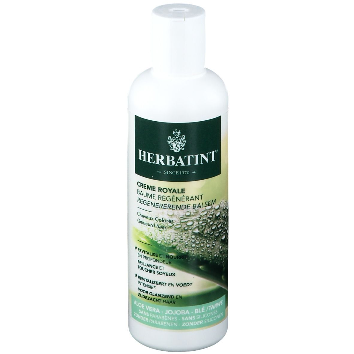 Herbatint Crème Royale. Witte fles, groen etiket. Tekst: Crème Royale, Baume Régénérant. Voor gekleurd haar.