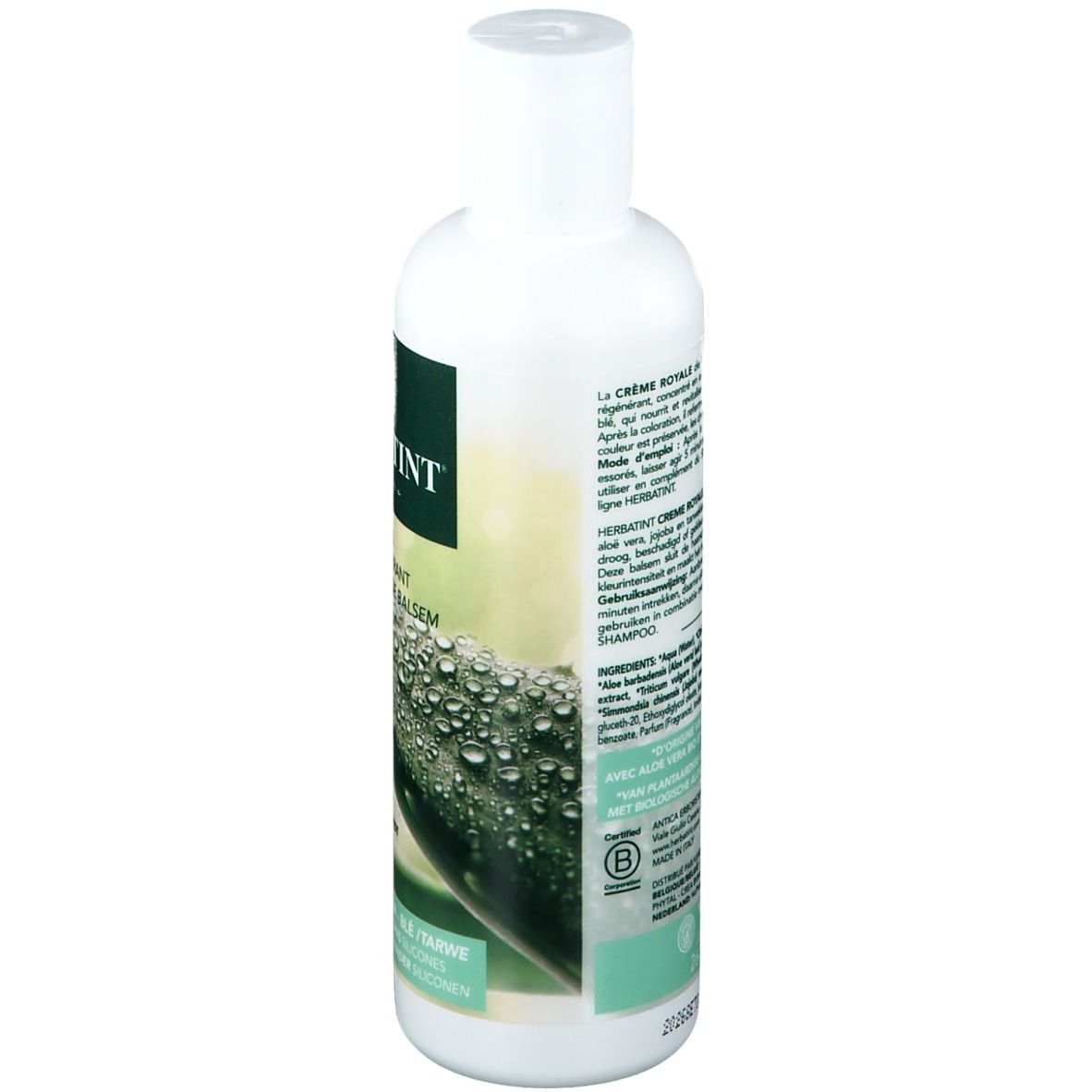 Herbatint Crème Royale. Witte fles, groen etiket. Tekst: Crème Royale, Baume Régénérant. Achterkant met ingrediënten en certificering.