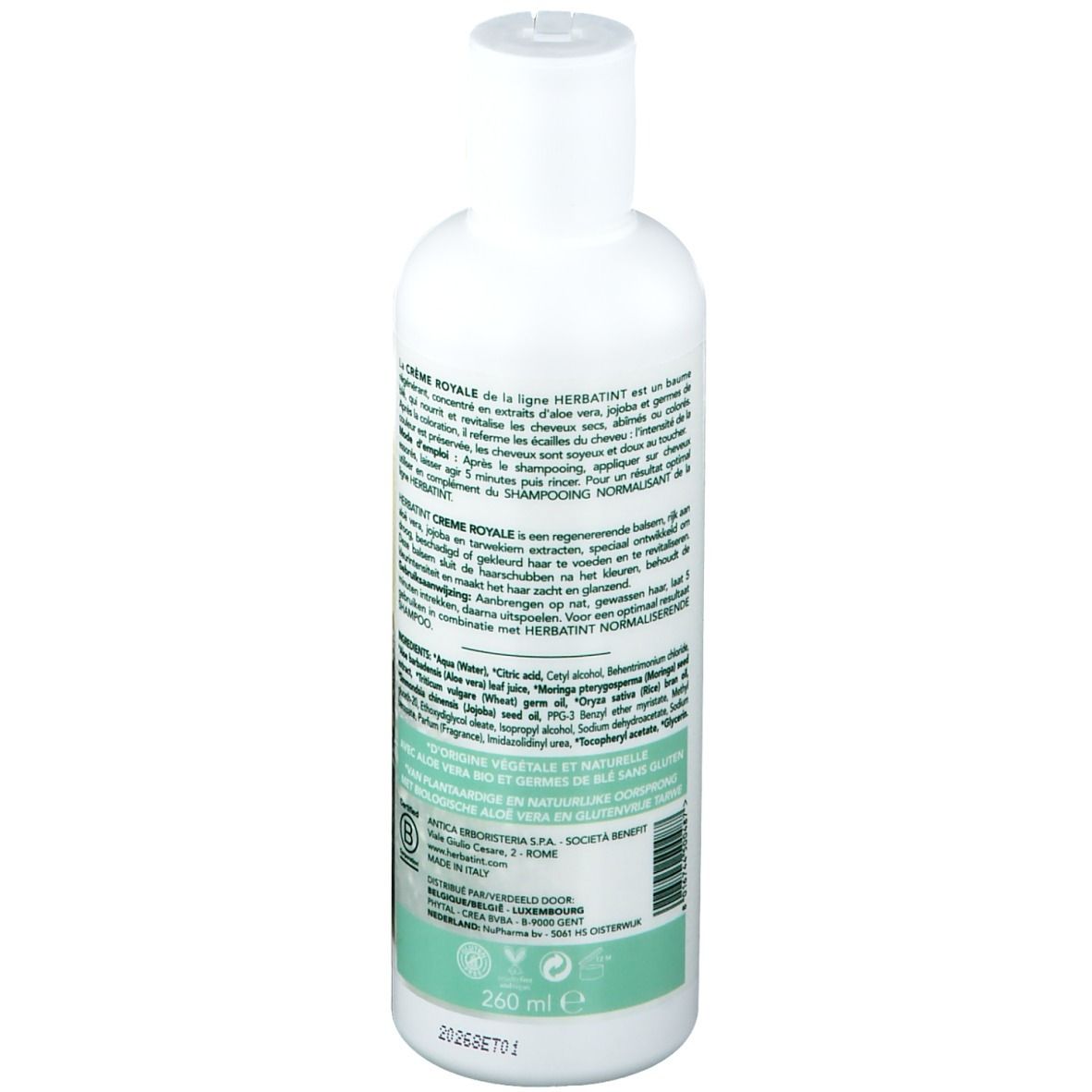 Herbatint Crème Royale. Witte fles, groen etiket. Tekst: Crème Royale, Baume Régénérant. Achterkant met ingrediënten en certificering.