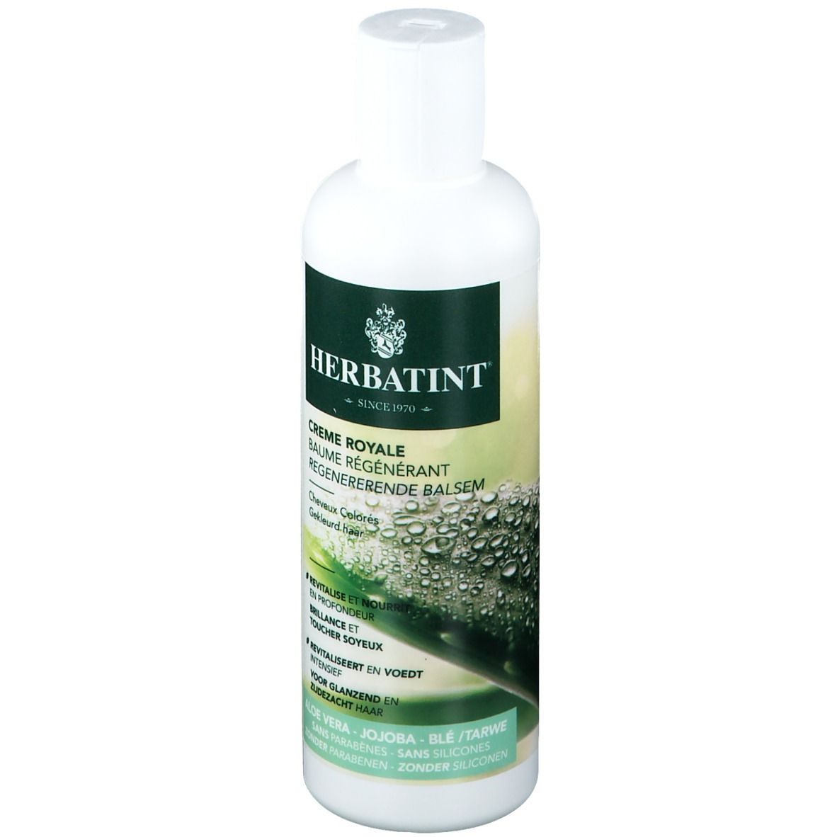 Herbatint Crème Royale. Witte fles, groen etiket. Tekst: Crème Royale, Baume Régénérant. Voor gekleurd haar.