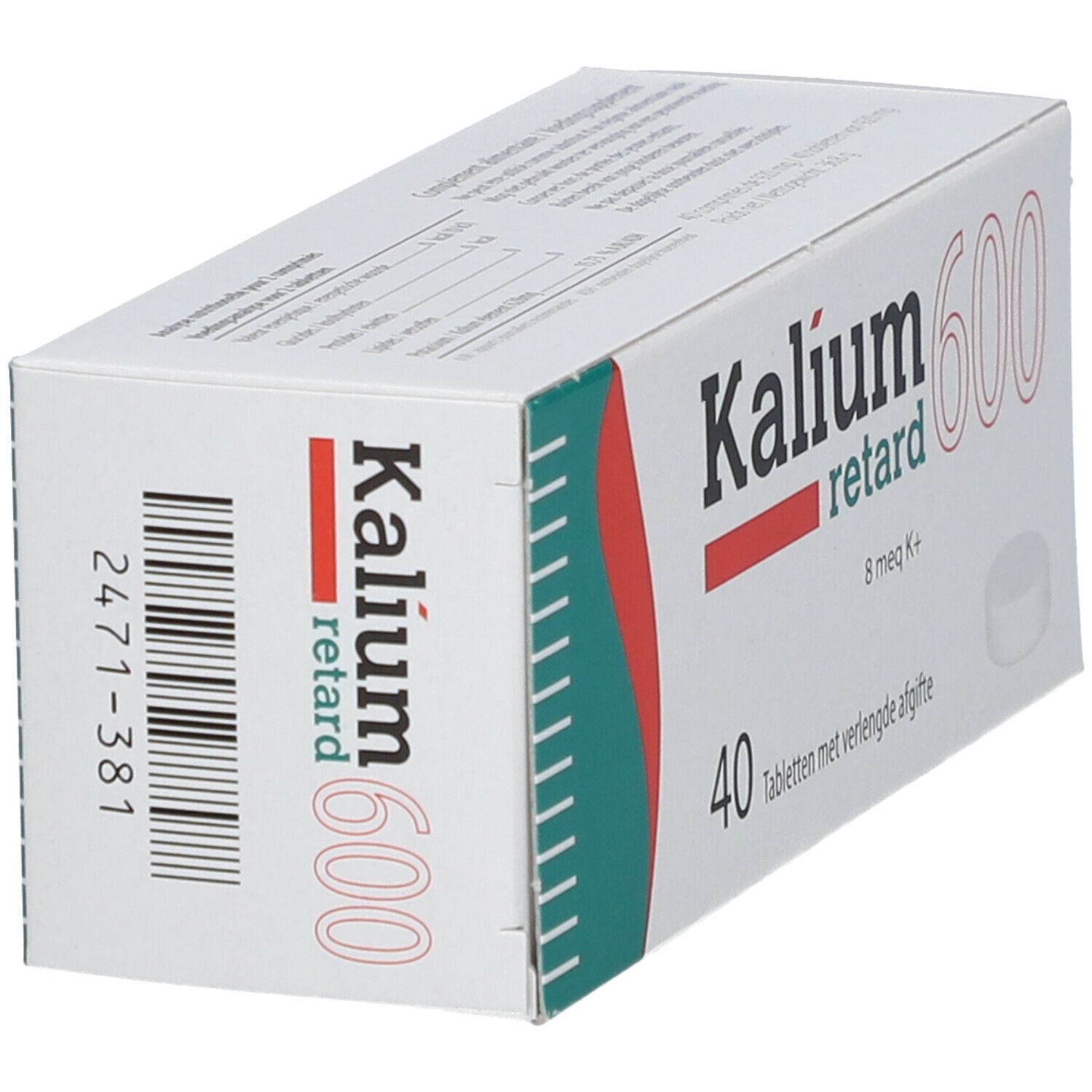 Schachtel "Kalium 600 retard". Barcode und Produktinformationen auf der Seite. 40 Tabletten mit verlängerter Freisetzung.
