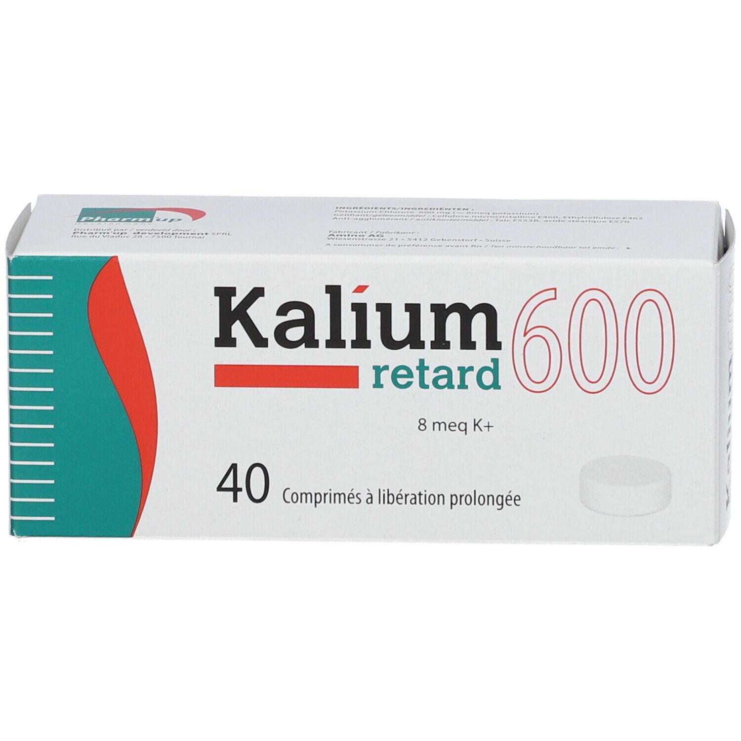 Schachtel mit "Kalium 600 retard" Tabletten. 40 Tabletten mit verlängerter Freisetzung. Eine Tablette ist sichtbar.