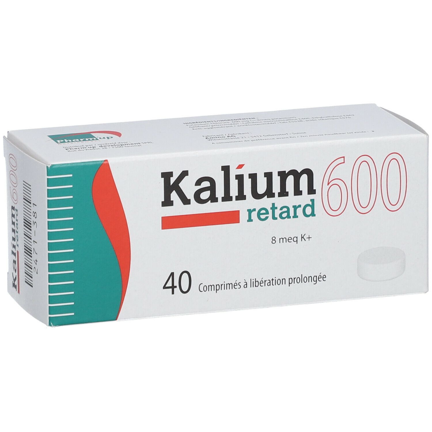 Schachtel mit "Kalium 600 retard" Tabletten. 40 Tabletten mit verlängerter Freisetzung. Eine Tablette ist sichtbar.