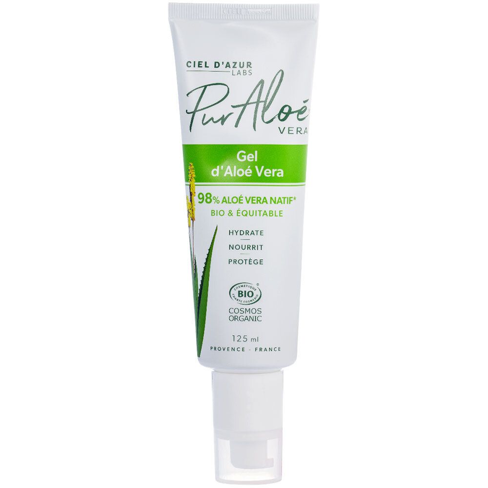 Tube blanche avec impression verte. Texte : PurAloé Vera Gel d'Aloé Vera. Certification bio. 125 ml.