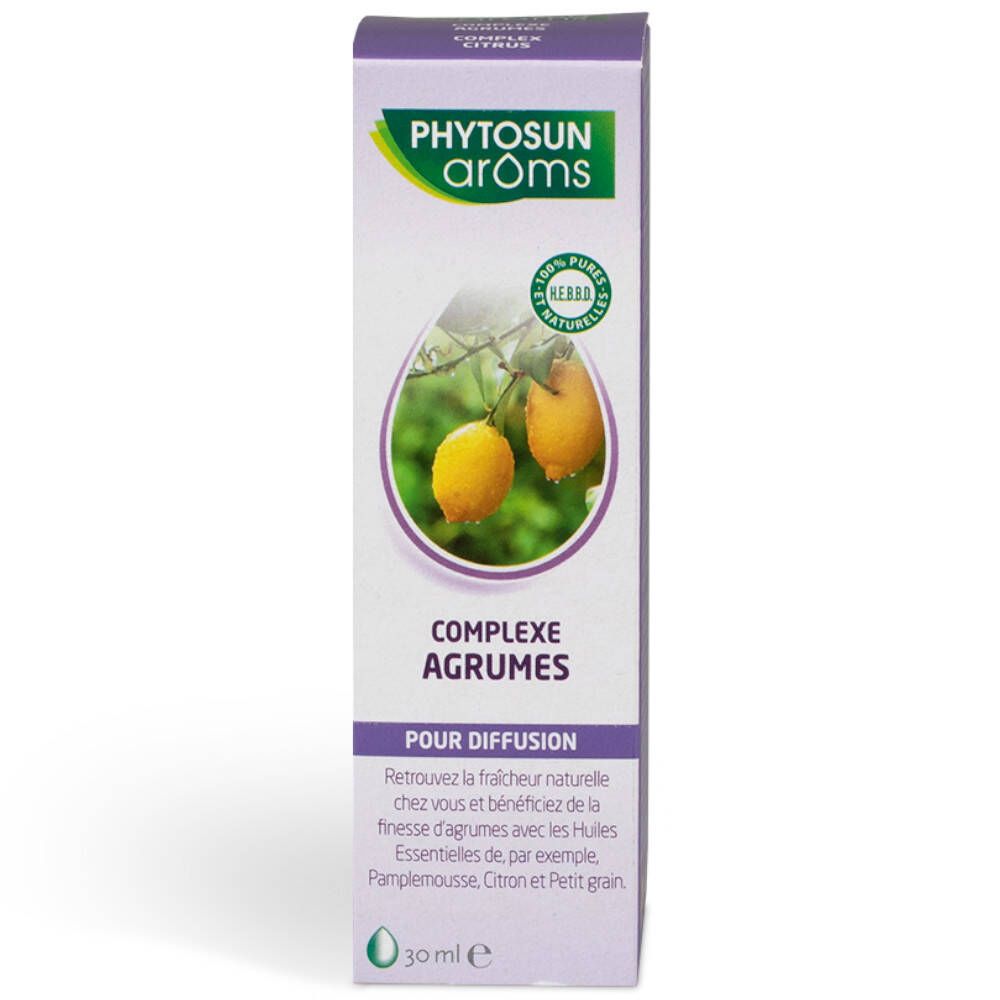 Boîte de Phytosun arôms Complex Agrumes. Image de citrons. Texte: Pour diffusion. 30 ml.
