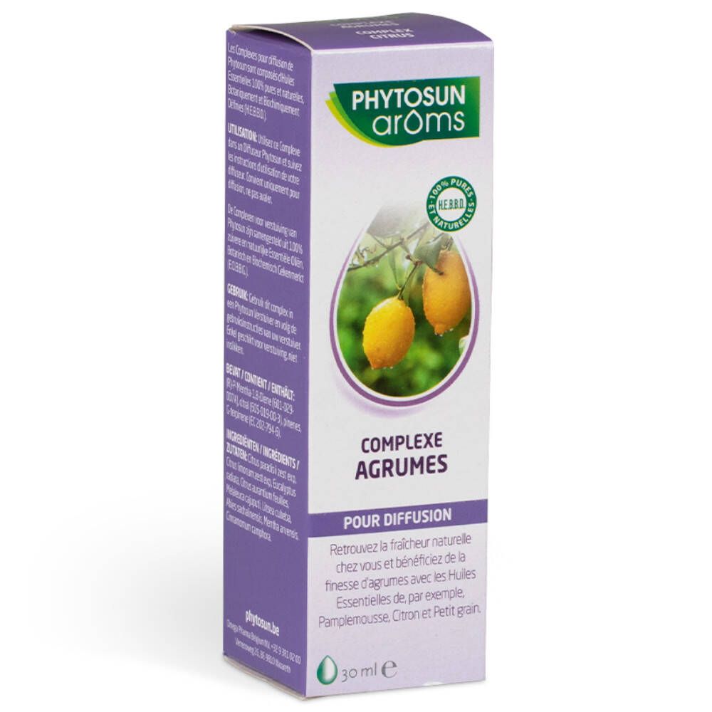 Boîte de Phytosun arôms Complex Agrumes. Image de citrons. Texte: Pour diffusion. 30 ml.