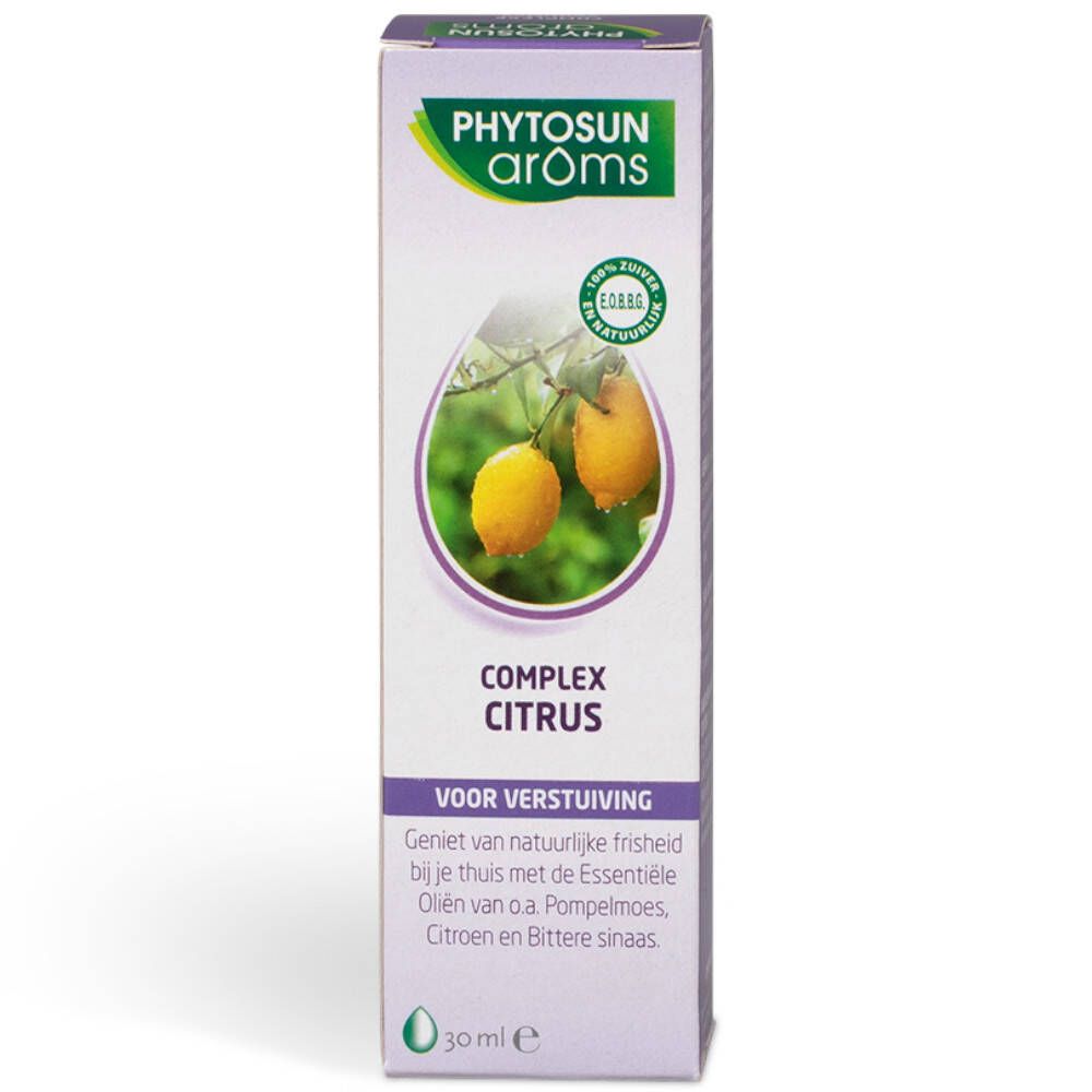 Boîte de Phytosun arôms Complex Citrus. Image de citrons. Texte: Pour verstuiving. 30 ml.