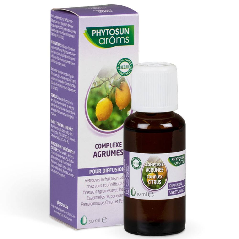 Flacon et boîte Phytosun arôms Complex Agrumes. Flacon en verre brun. 30 ml.