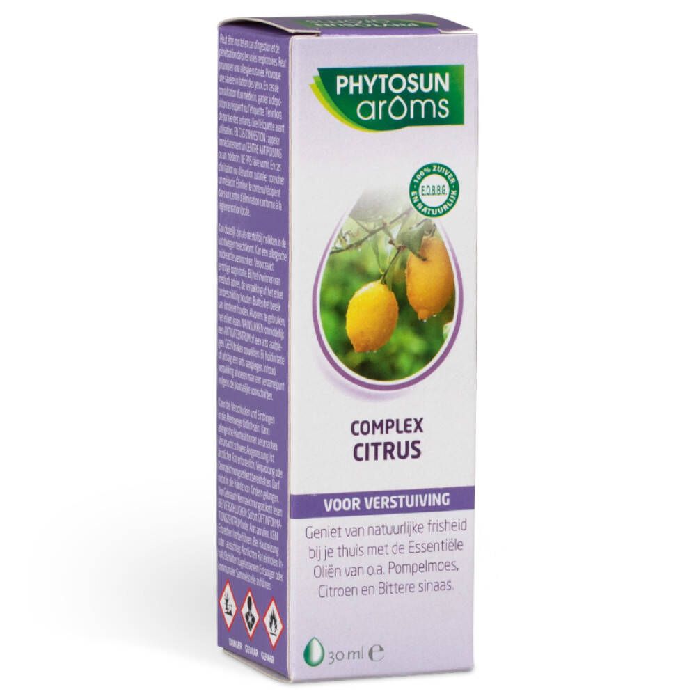 Boîte de Phytosun arôms Complex Citrus. Image de citrons. Texte: Pour verstuiving. 30 ml.