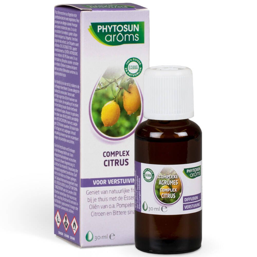 Flacon et boîte Phytosun arôms Complex Citrus. Flacon en verre brun. 30 ml.