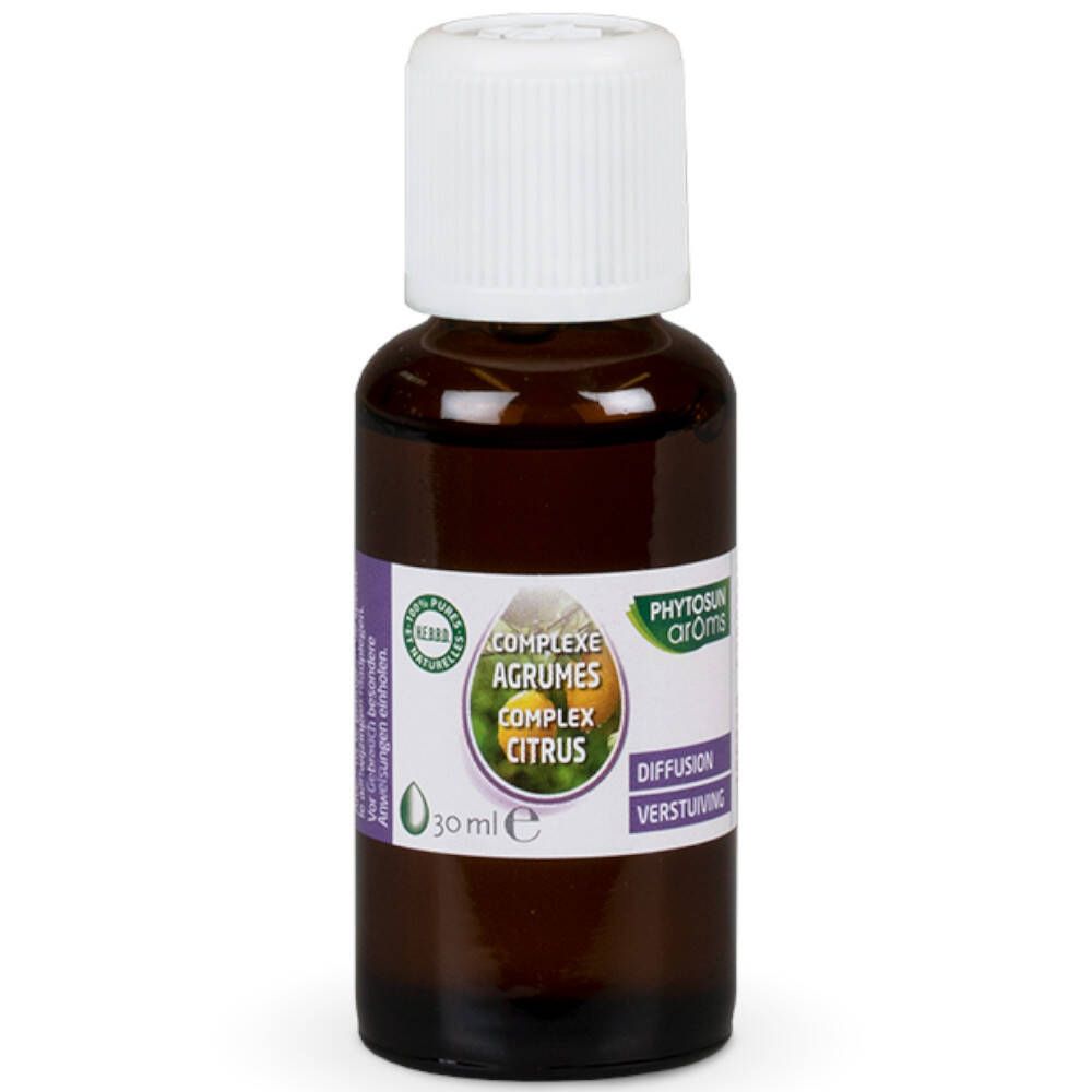 Flacon en verre brun, bouchon blanc. Étiquette: Complex Agrumes, 30 ml. Marque: Phytosun arôms.
