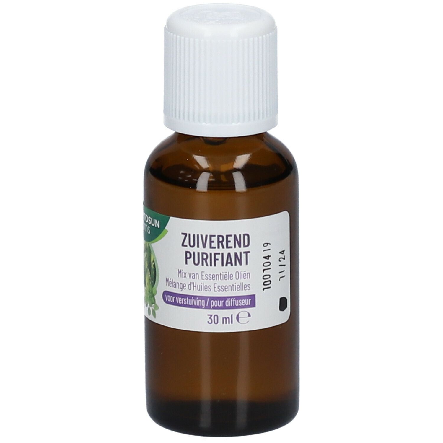 Bruine glazen fles met witte dop. Etiket met productnaam en informatie. 30 ml.