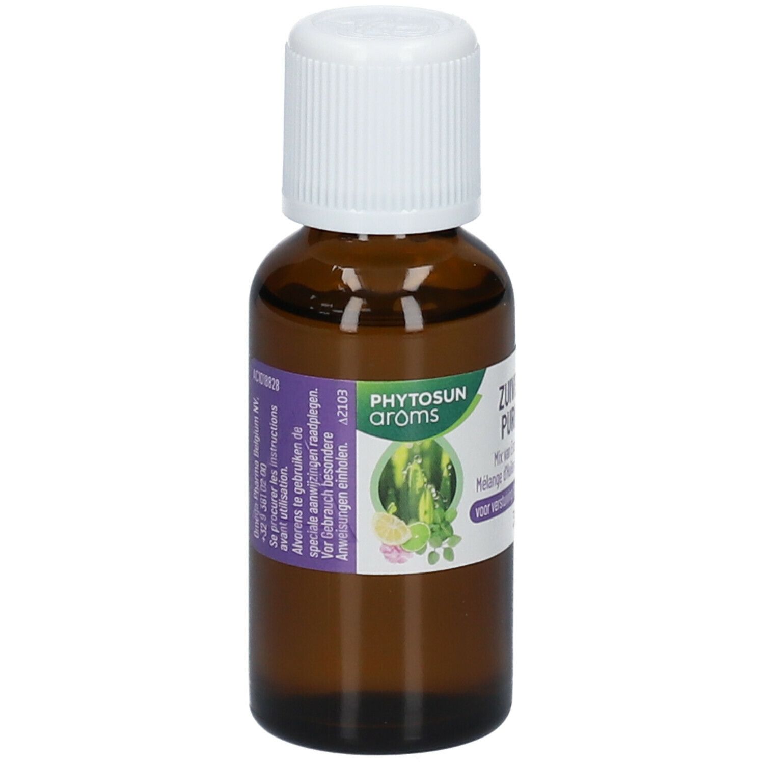 Bruine glazen fles met witte dop. Etiket met productnaam en informatie. 30 ml.
