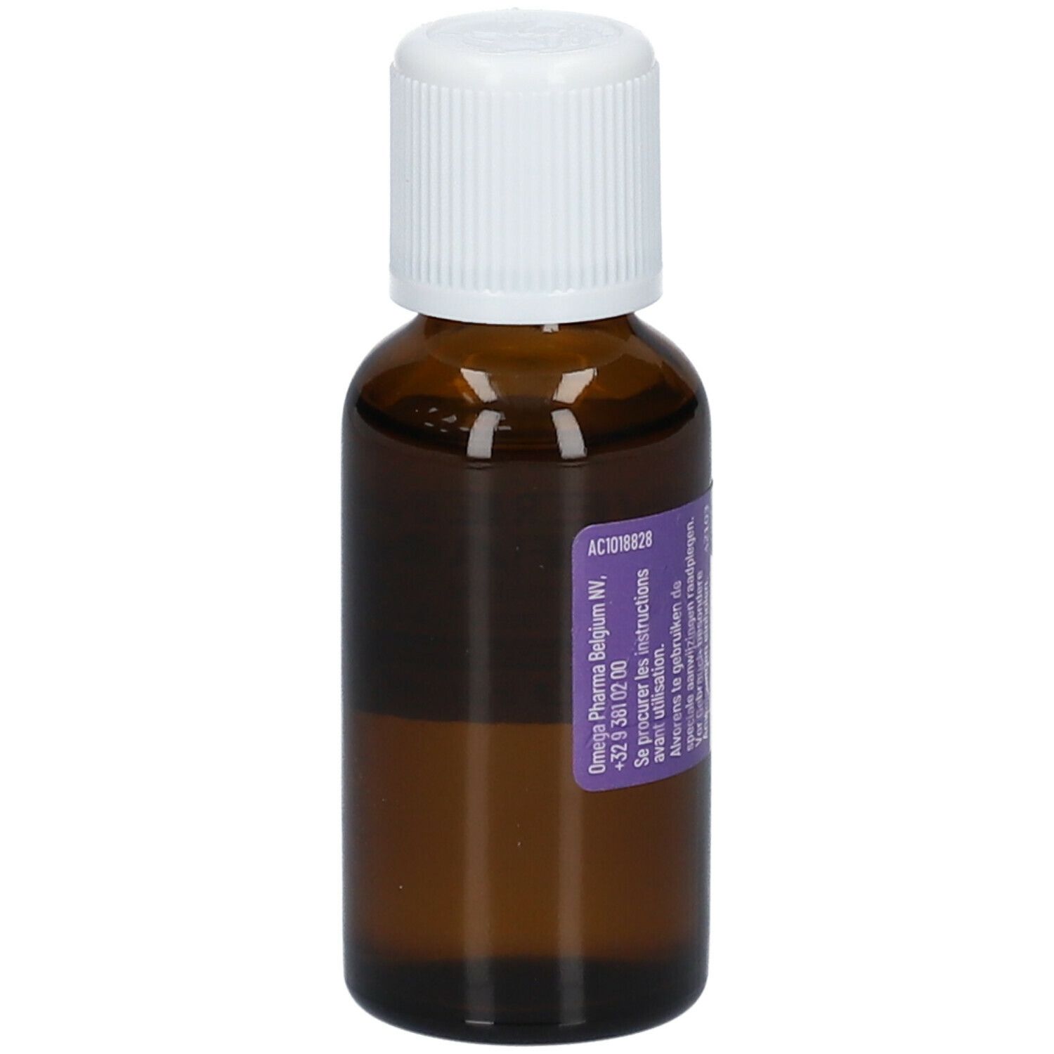 Bruine glazen fles met witte dop. Etiket met productnaam en informatie. 30 ml.