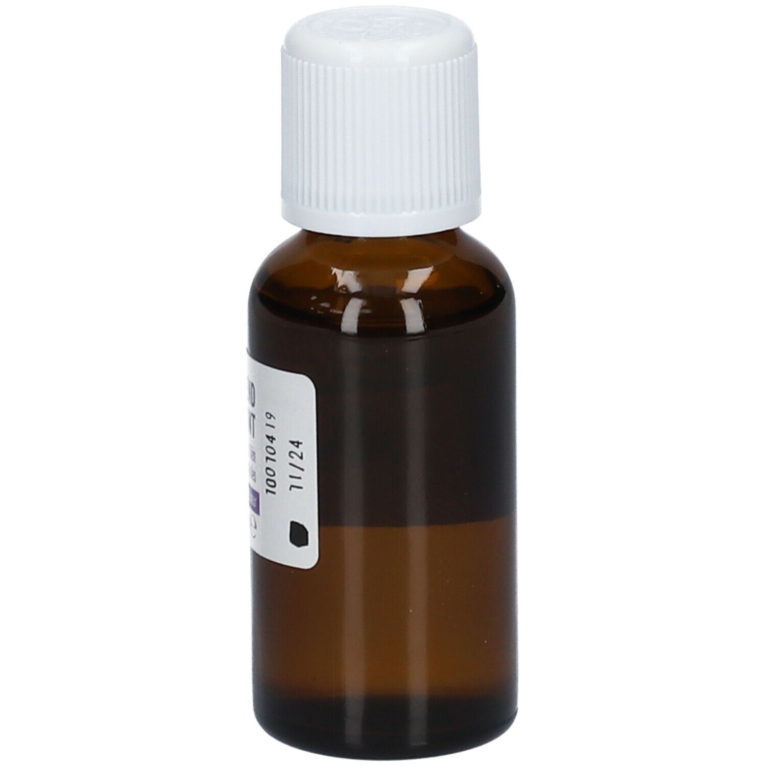 Bruine glazen fles met witte dop. Etiket met productnaam en informatie. 30 ml.