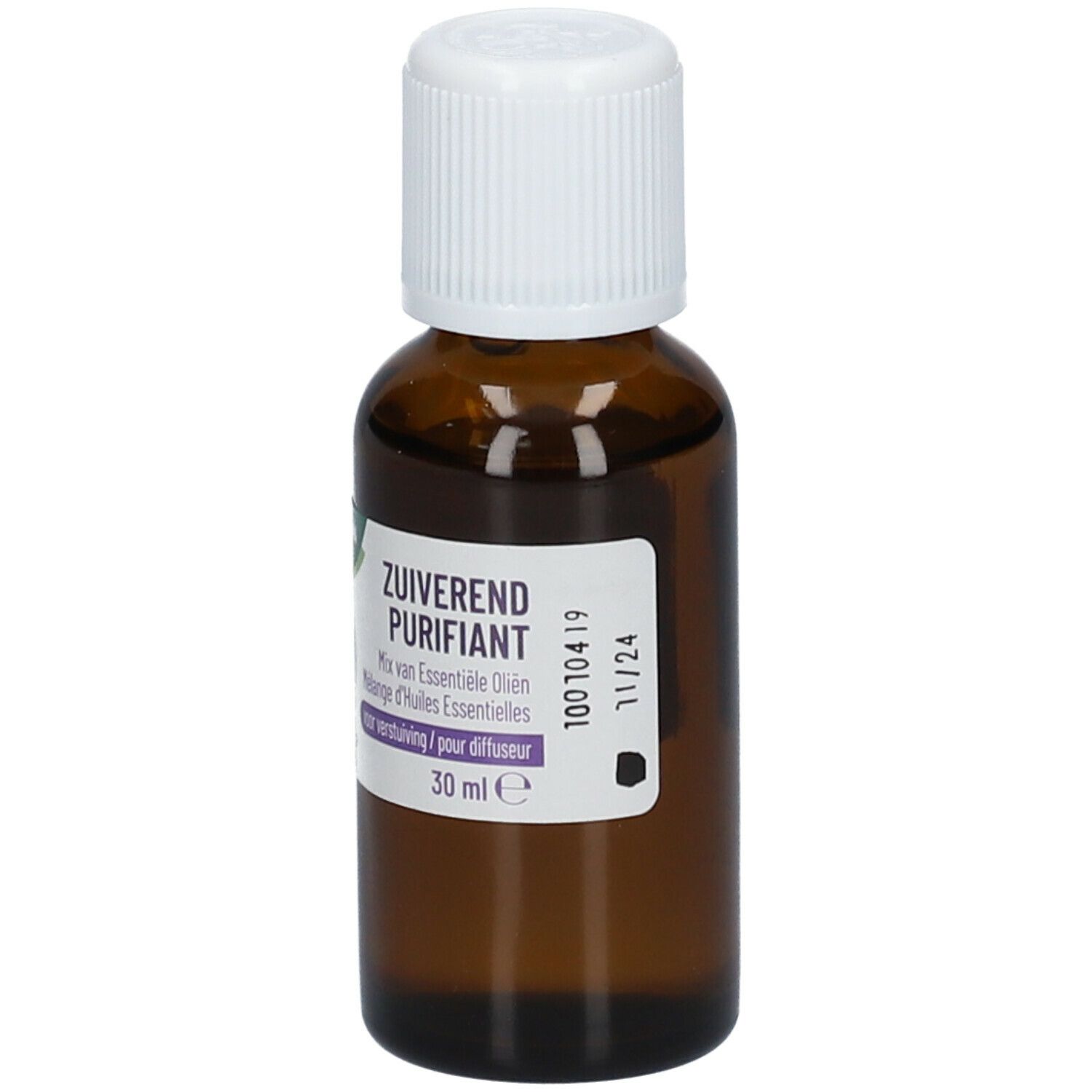 Bruine glazen fles met witte dop. Etiket met productnaam en informatie. 30 ml.