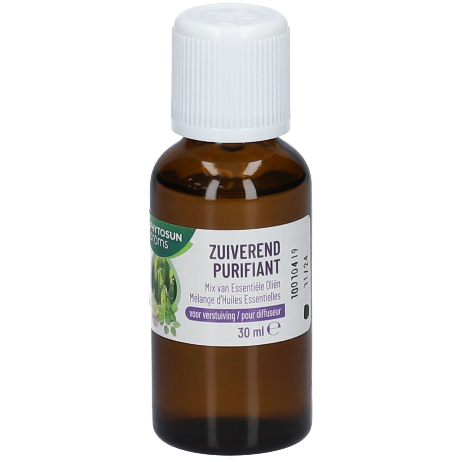 Bruine glazen fles met witte dop. Etiket met productnaam en informatie. 30 ml.