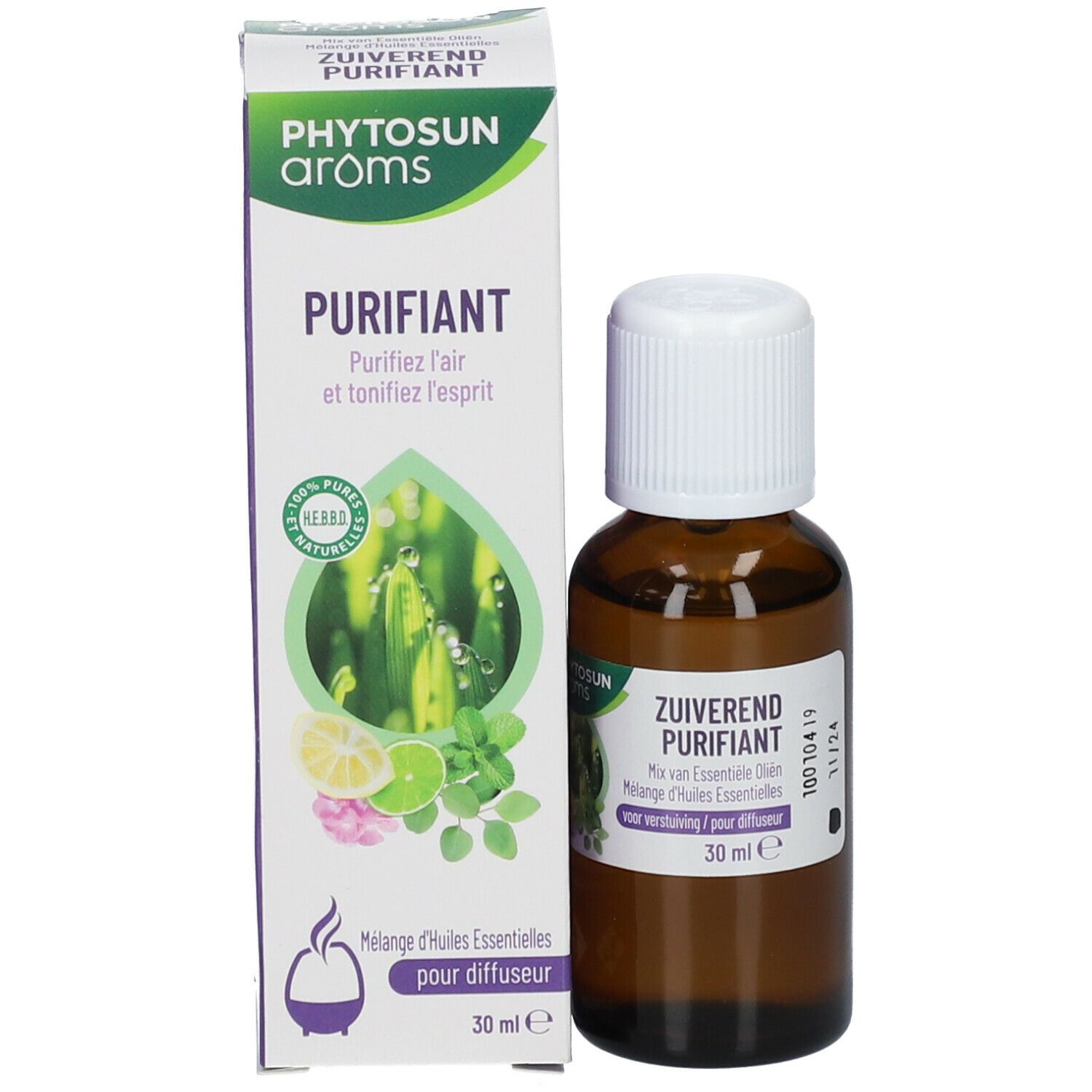 Bruine glazen fles met witte dop en doos. Doos met productnaam en illustraties. 30 ml.