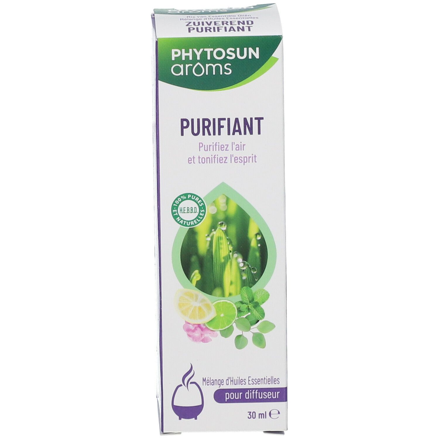 Doos met productnaam en illustraties. 30 ml. Fles met witte dop.