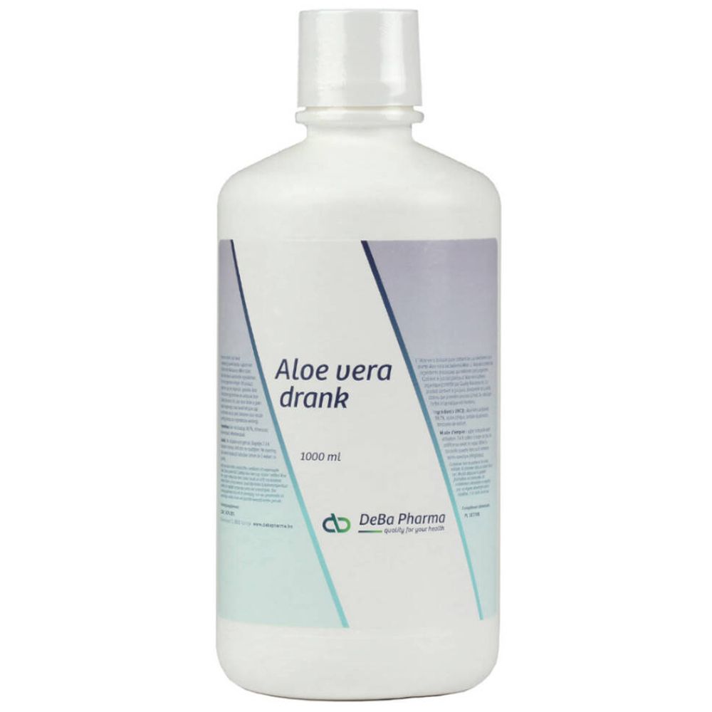 Bouteille blanche avec inscription Aloe vera drank. Logo DeBo Pharma. 1000 ml.