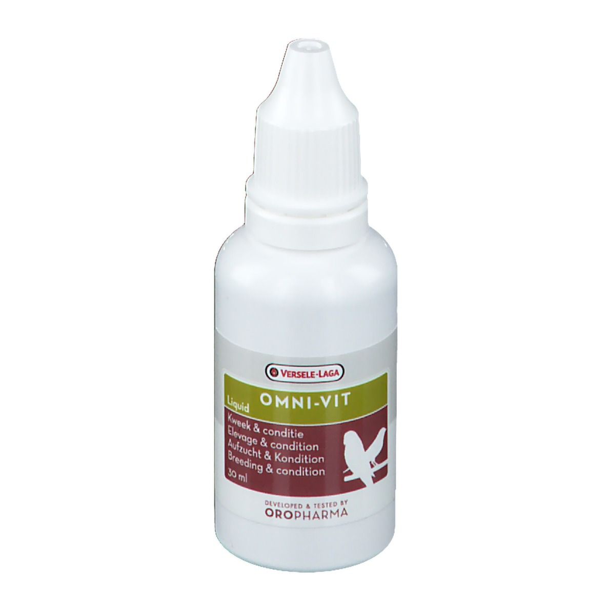 Flacon blanc avec bouchon compte-gouttes. Inscription: OMNI-VIT Liquid. Étiquette avec silhouette d'oiseau. Marque: Versele-Laga.