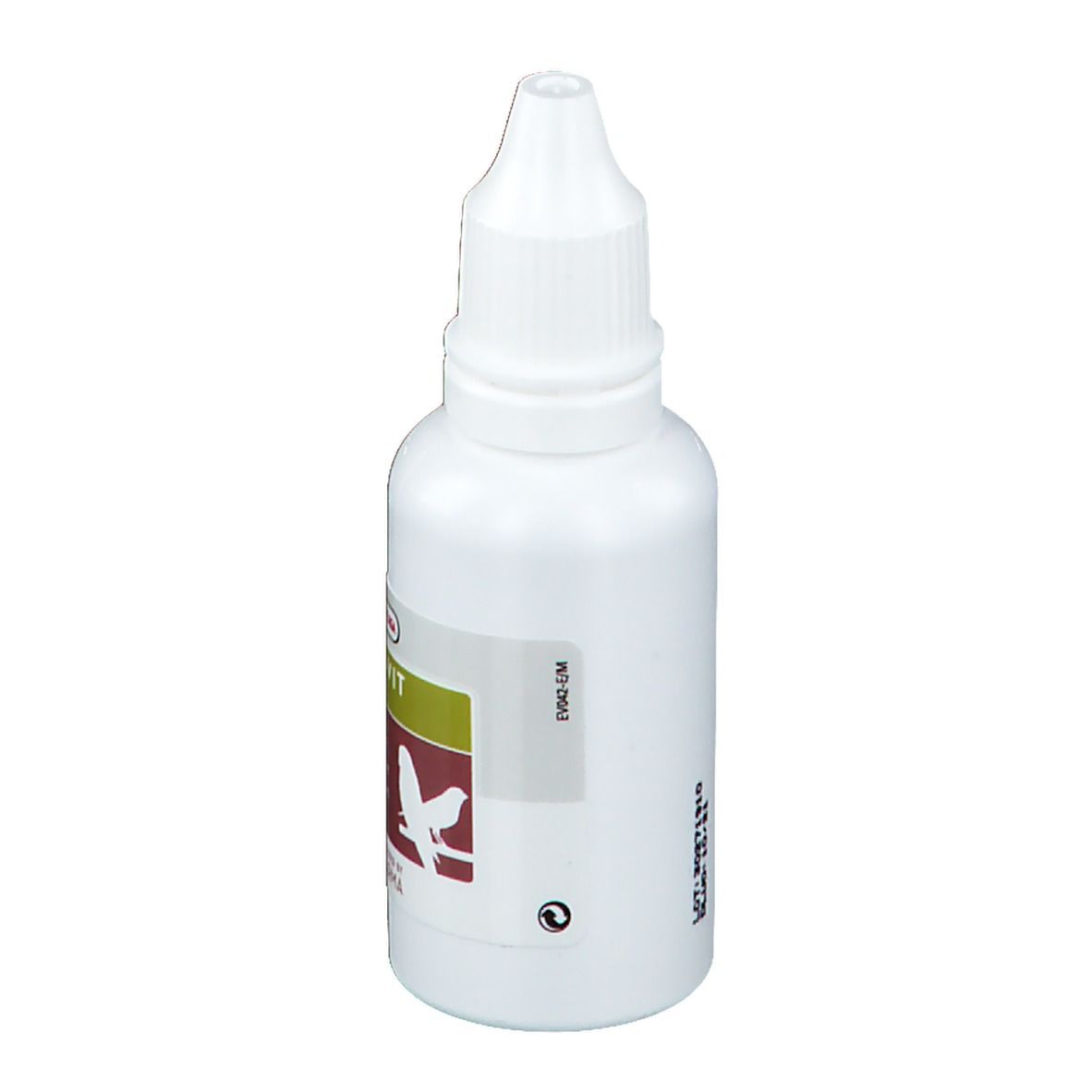 Flacon blanc avec bouchon compte-gouttes. Étiquette avec silhouette d'oiseau. Inscription: OMNI-VIT Liquid. Marque: Versele-Laga.