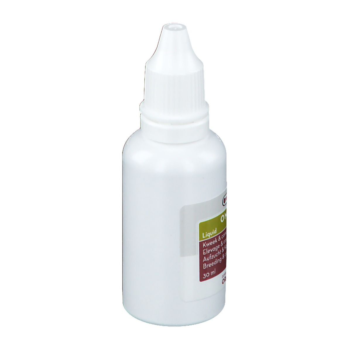 Flacon blanc avec bouchon compte-gouttes. Étiquette avec silhouette d'oiseau. Inscription: OMNI-VIT Liquid. Marque: Versele-Laga.