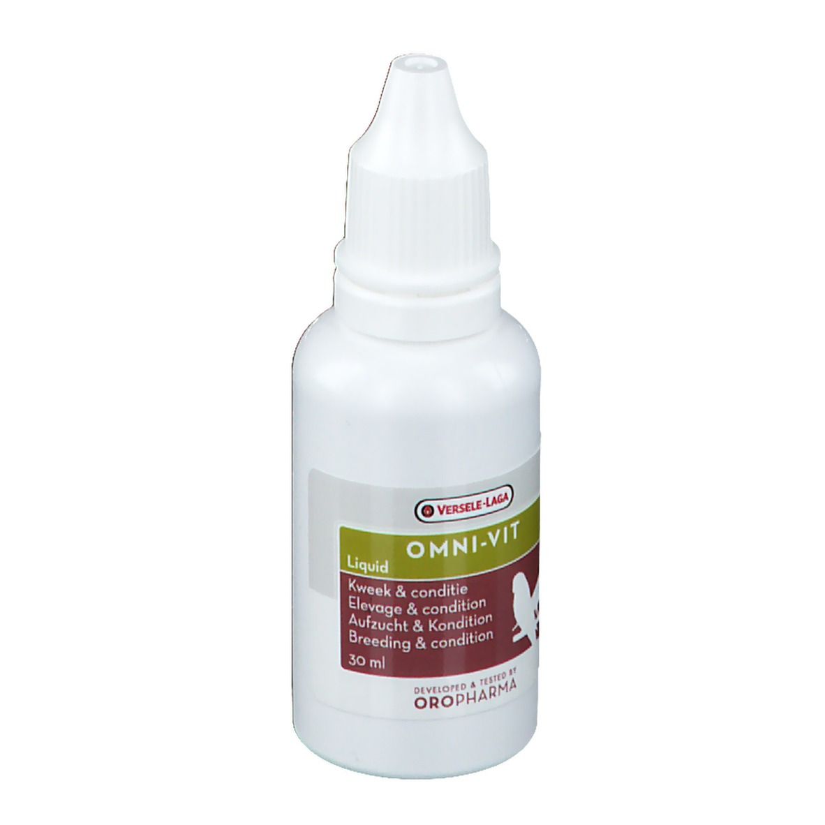Flacon blanc avec bouchon compte-gouttes. Inscription: OMNI-VIT Liquid. Étiquette avec silhouette d'oiseau. Marque: Versele-Laga.