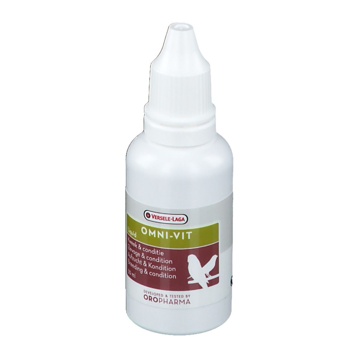 Flacon blanc avec bouchon compte-gouttes. Inscription: OMNI-VIT Liquid. Étiquette avec silhouette d'oiseau. Marque: Versele-Laga.