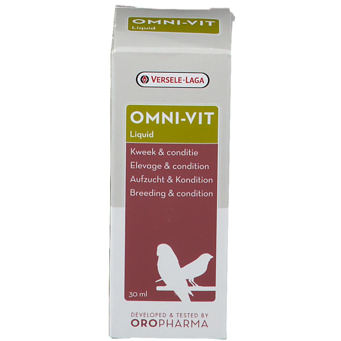 Emballage du produit. Inscription: OMNI-VIT Liquid. Marque: Versele-Laga. Illustré: silhouette d'oiseau.
