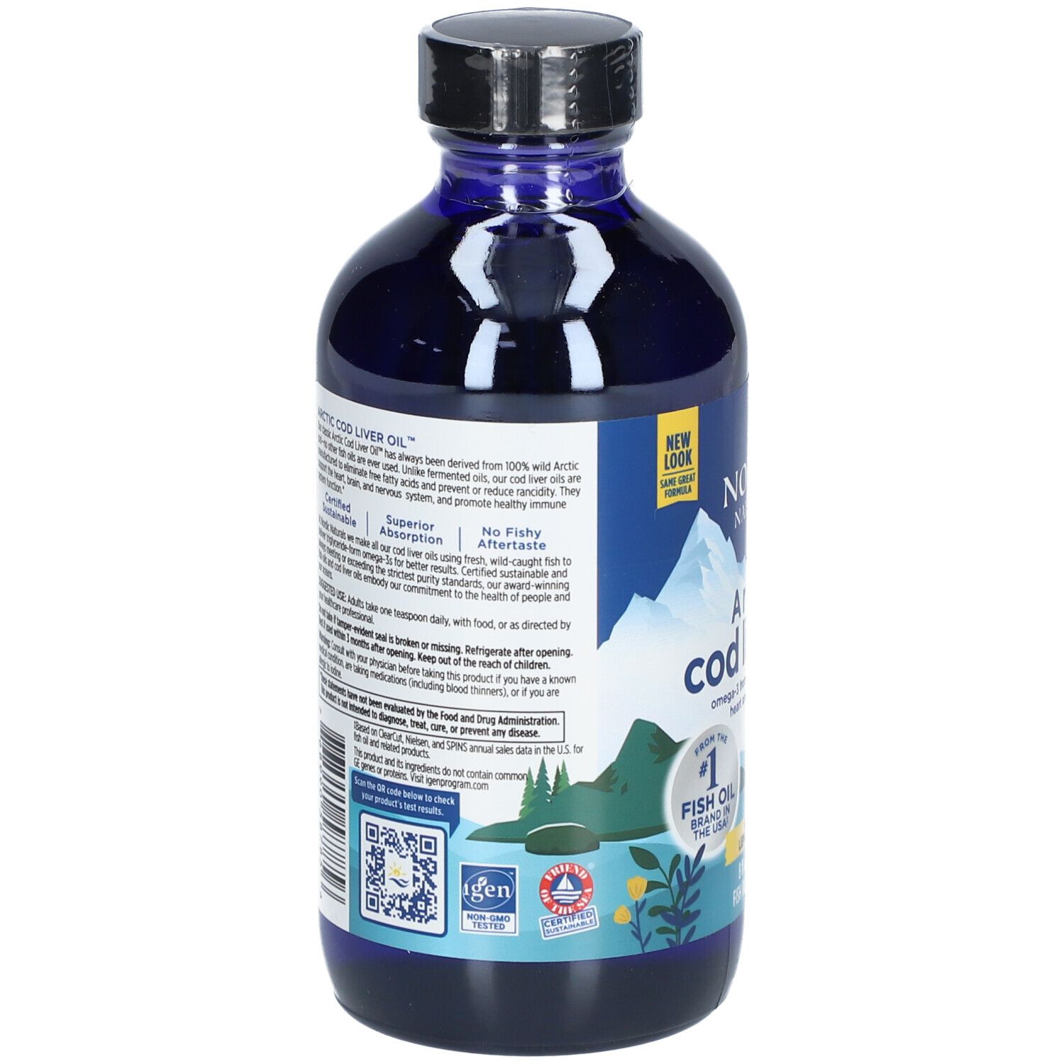 Rückseite einer blauen Flasche mit schwarzem Deckel. Text: Arctic Cod Liver Oil. Zertifizierungen.