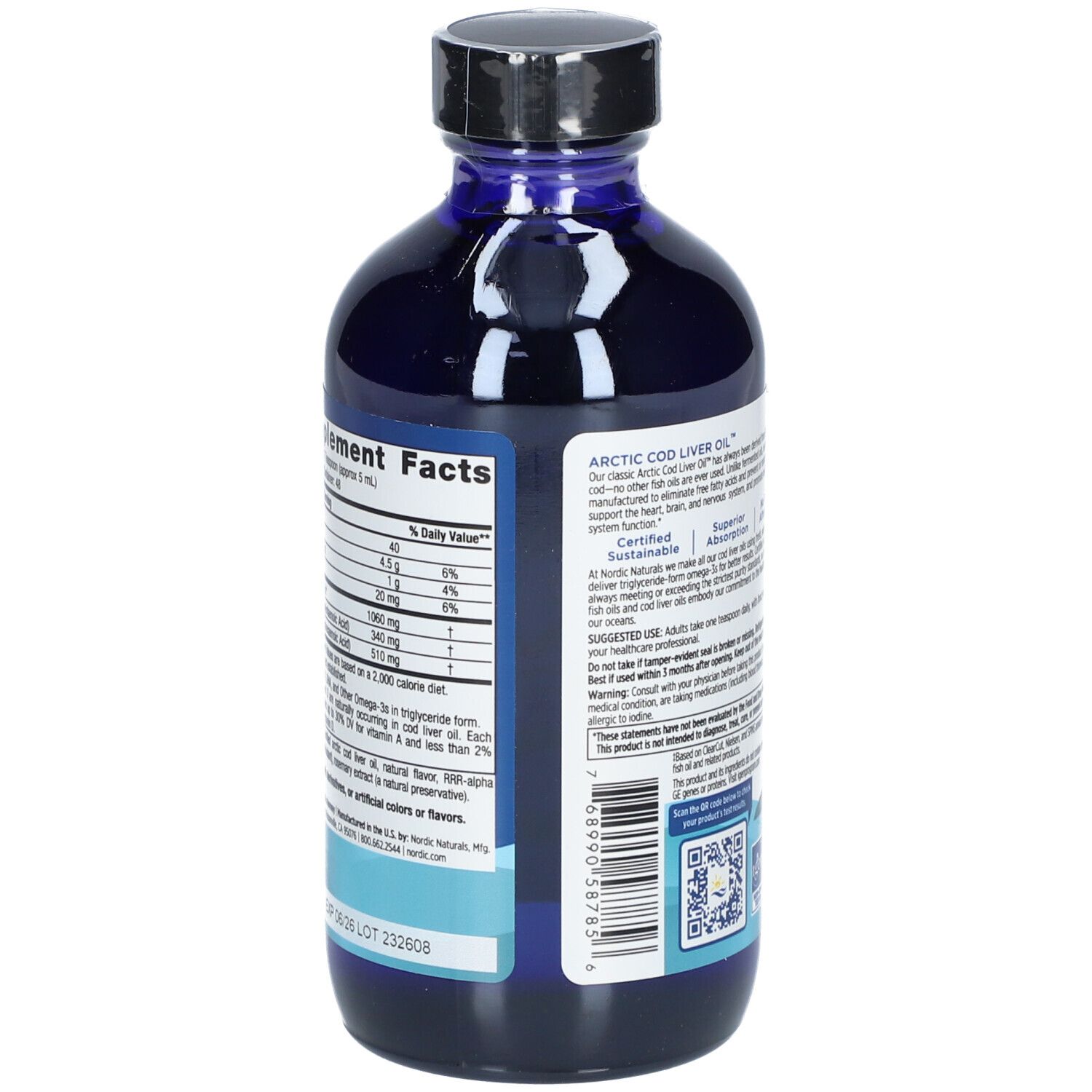 Rückseite einer blauen Flasche mit schwarzem Deckel. Nährwertangaben. Text: Arctic Cod Liver Oil.