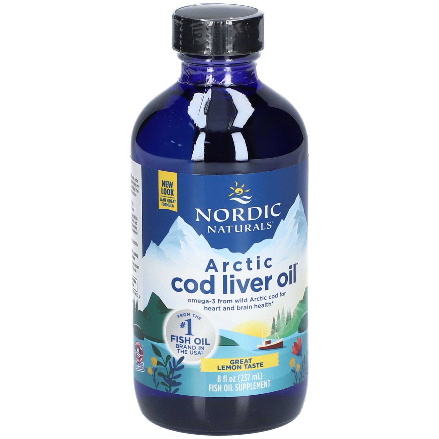 Blaue Flasche mit schwarzem Deckel. Aufschrift: Nordic Naturals Arctic Cod Liver Oil. Zitrone-Geschmack.