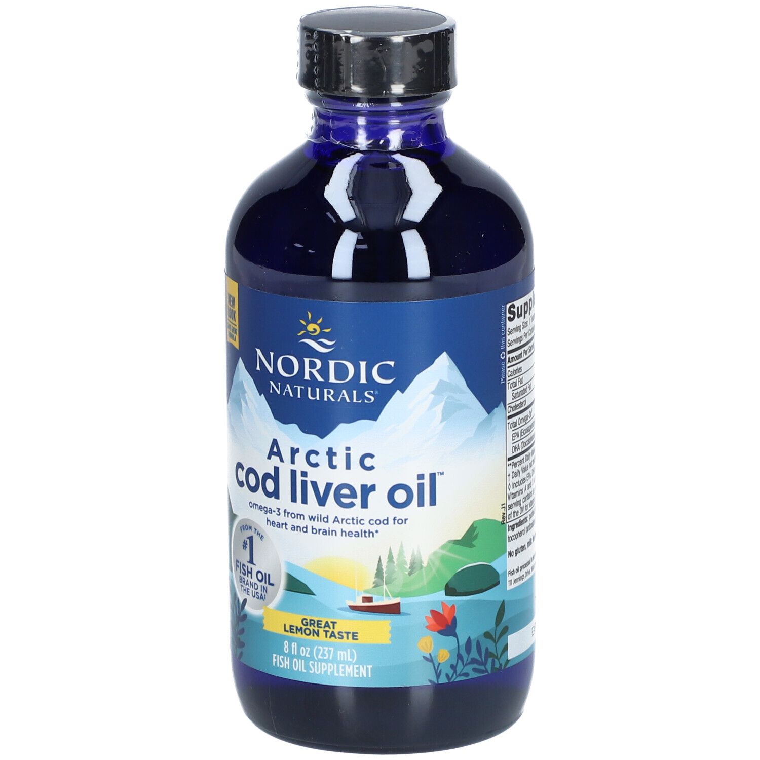 Blaue Flasche mit schwarzem Deckel. Aufschrift: Nordic Naturals Arctic Cod Liver Oil. Zitrone-Geschmack.