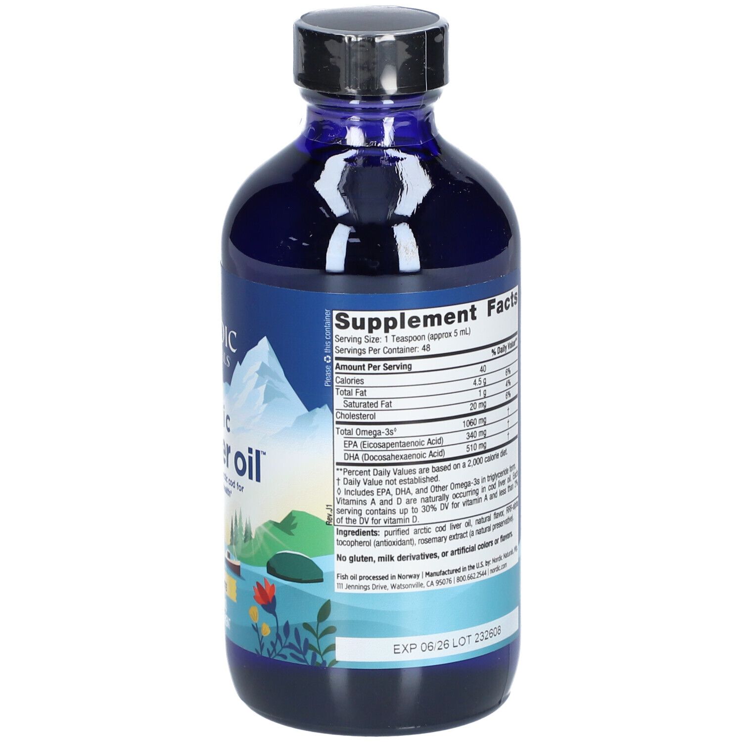 Rückseite einer blauen Flasche mit schwarzem Deckel. Nährwertangaben. Text: Arctic Cod Liver Oil.