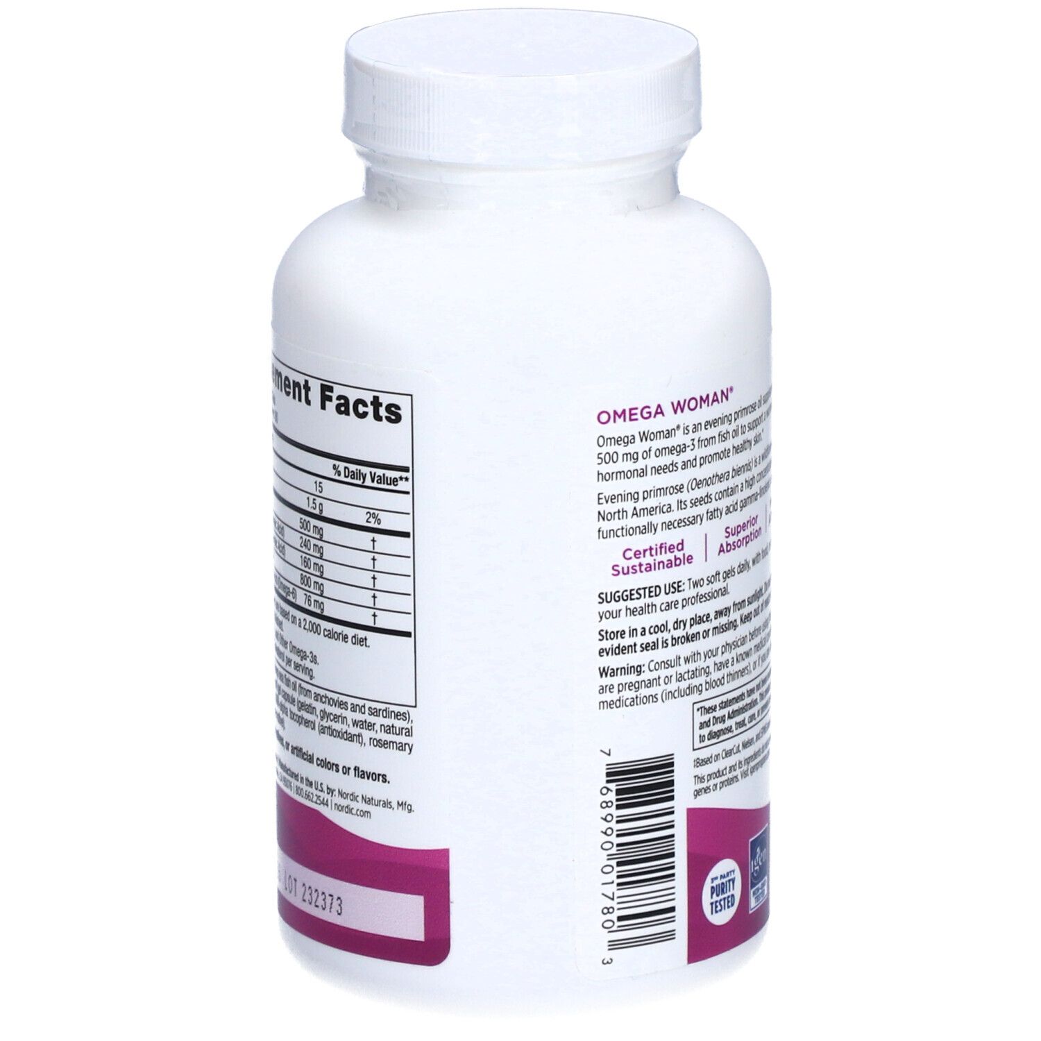 Rückseite der Flasche. Nährwertangaben. Text: Omega Woman, Inhaltsstoffe. Chargennummer und Verfallsdatum.