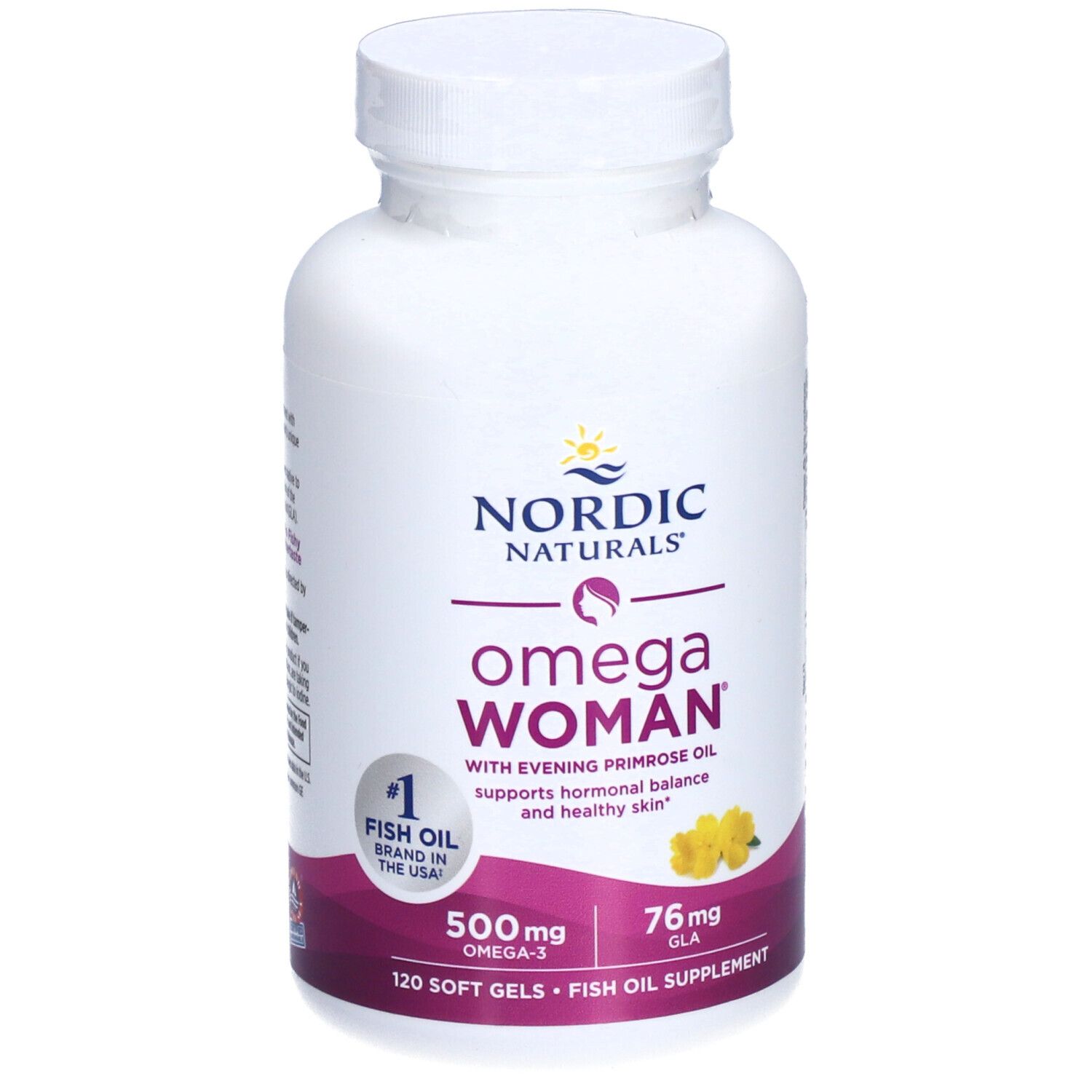 Weiße Flasche mit Kapseln. Aufschrift: NORDIC NATURALS® Omega Woman. Enthält Omega-3 und GLA. 120 Softgels.