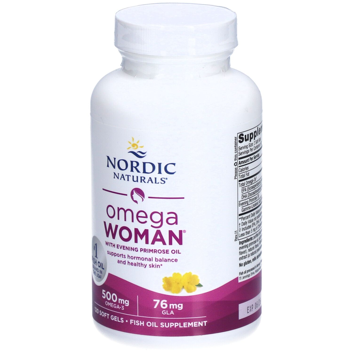 Weiße Flasche mit Kapseln. Aufschrift: NORDIC NATURALS® Omega Woman. Enthält Omega-3 und GLA. 120 Softgels.
