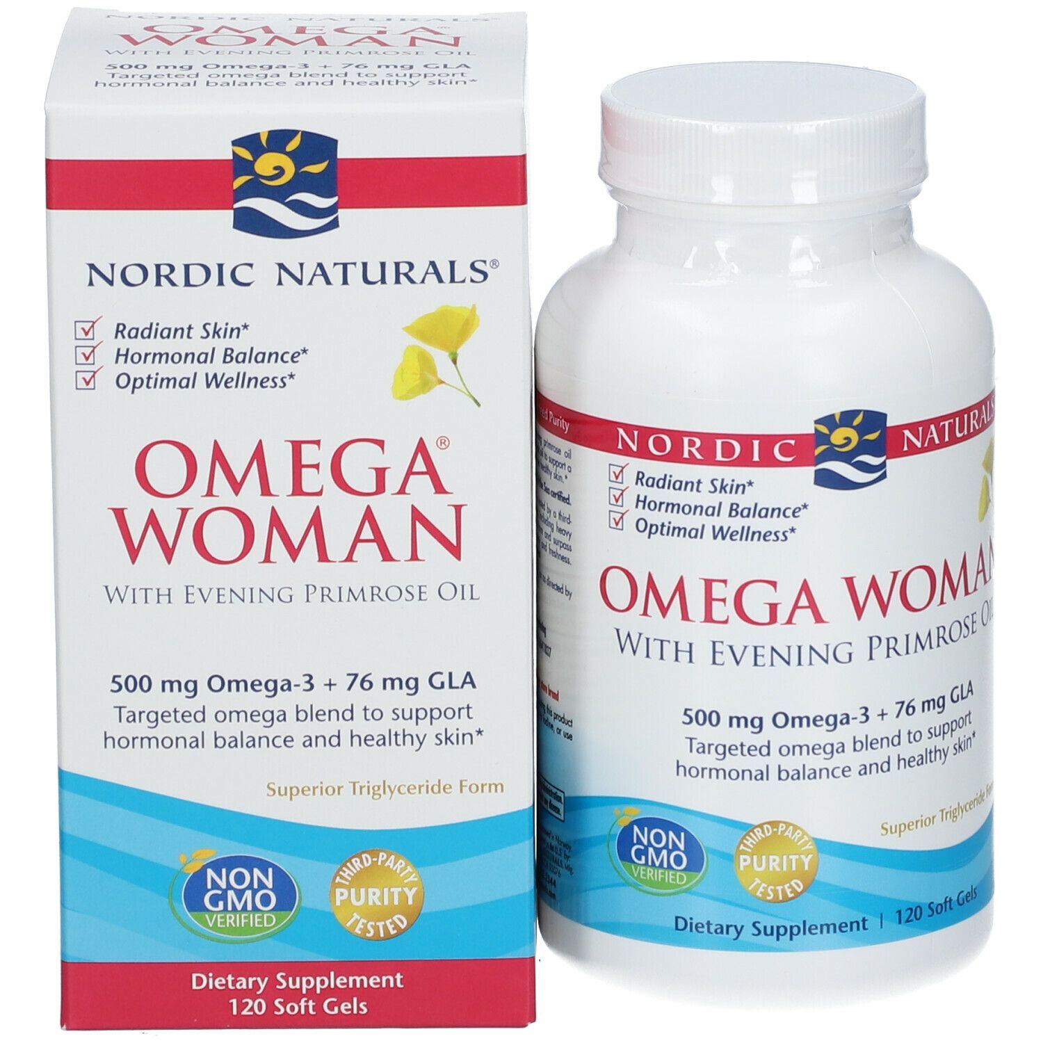 Produktverpackung und Flasche. Aufschrift: NORDIC NATURALS® Omega Woman. 120 Softgels. Zertifizierungen.