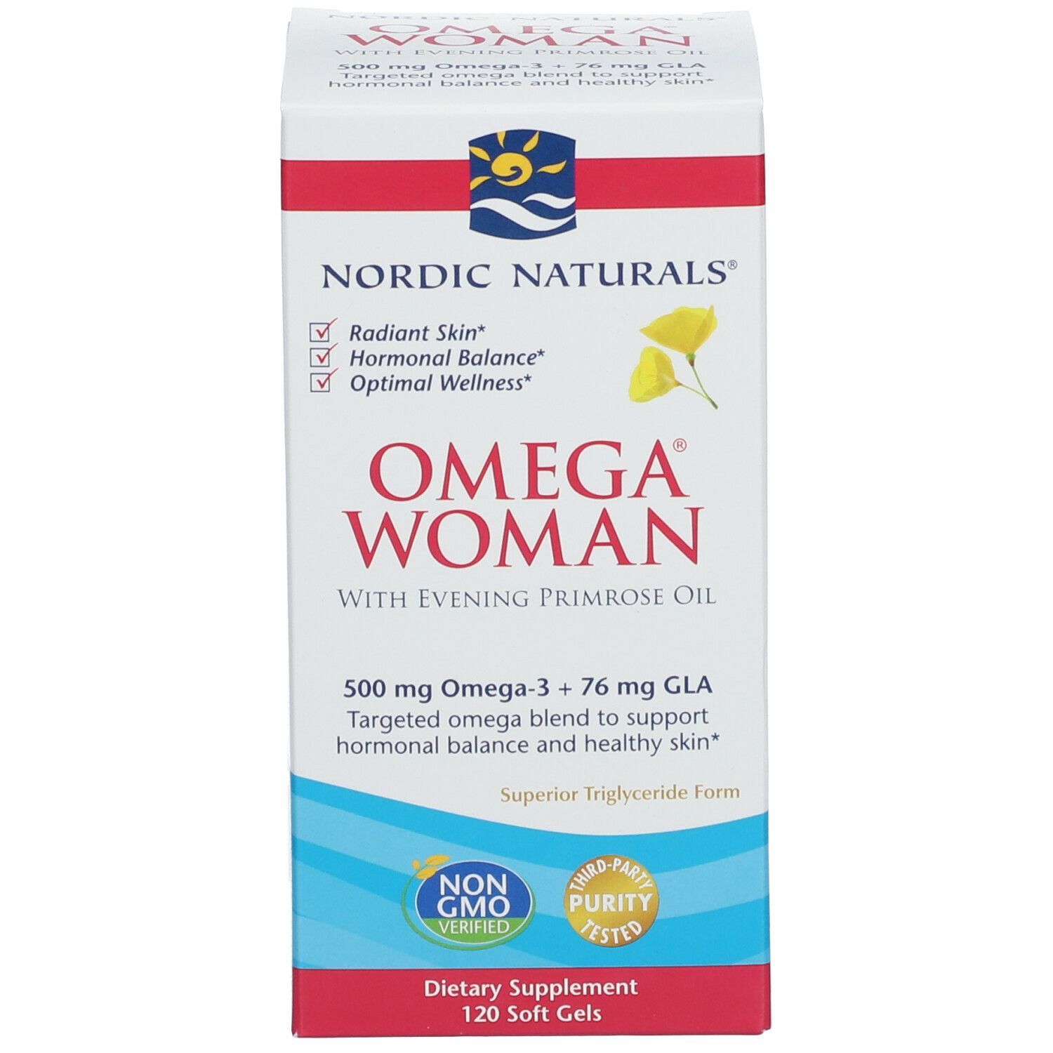 Produktverpackung. Aufschrift: NORDIC NATURALS® Omega Woman. 120 Softgels. Zertifizierungen.