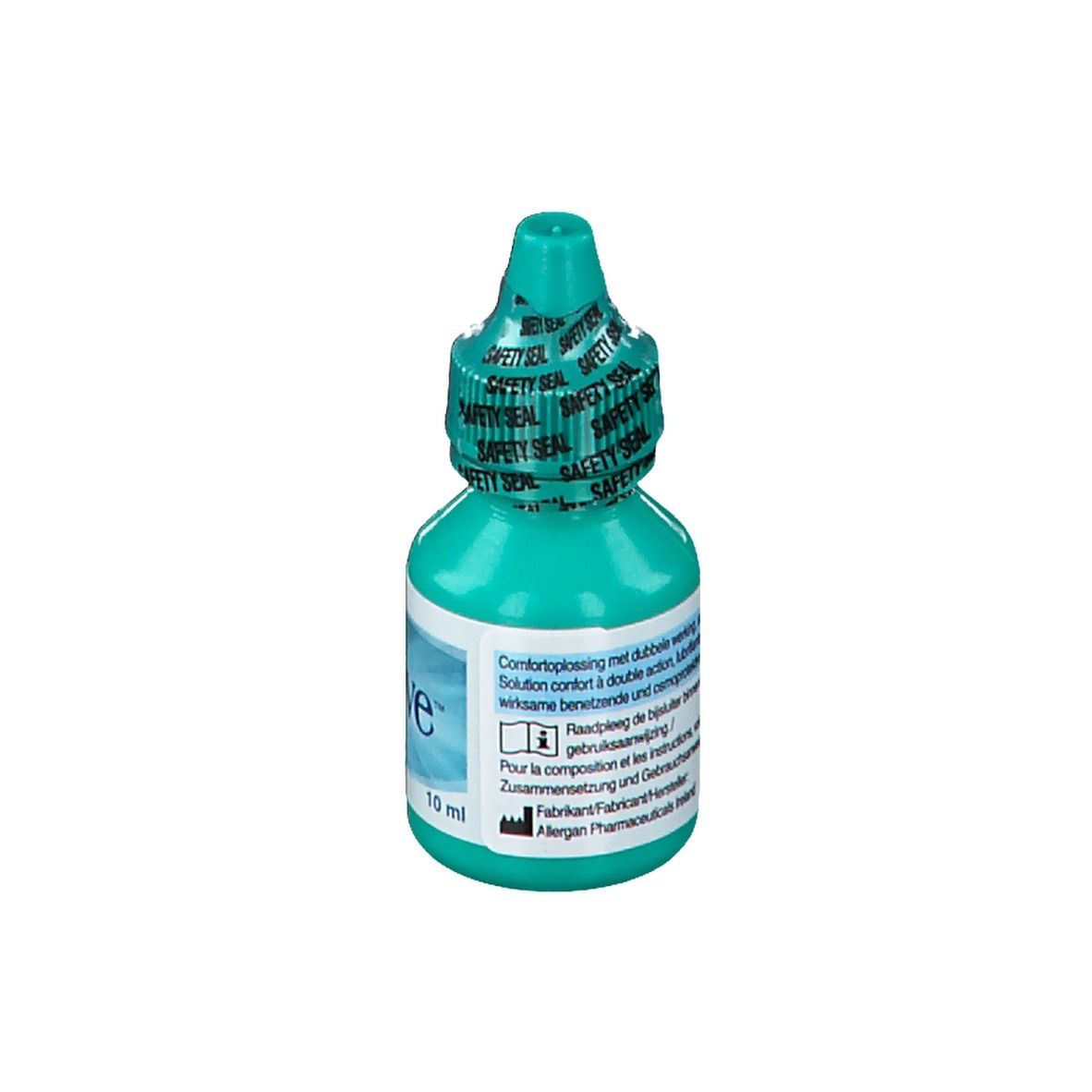 Flacon de gouttes ophtalmiques turquoise. Dos avec texte. Inscription : Comfortoplossing met dubbele action.