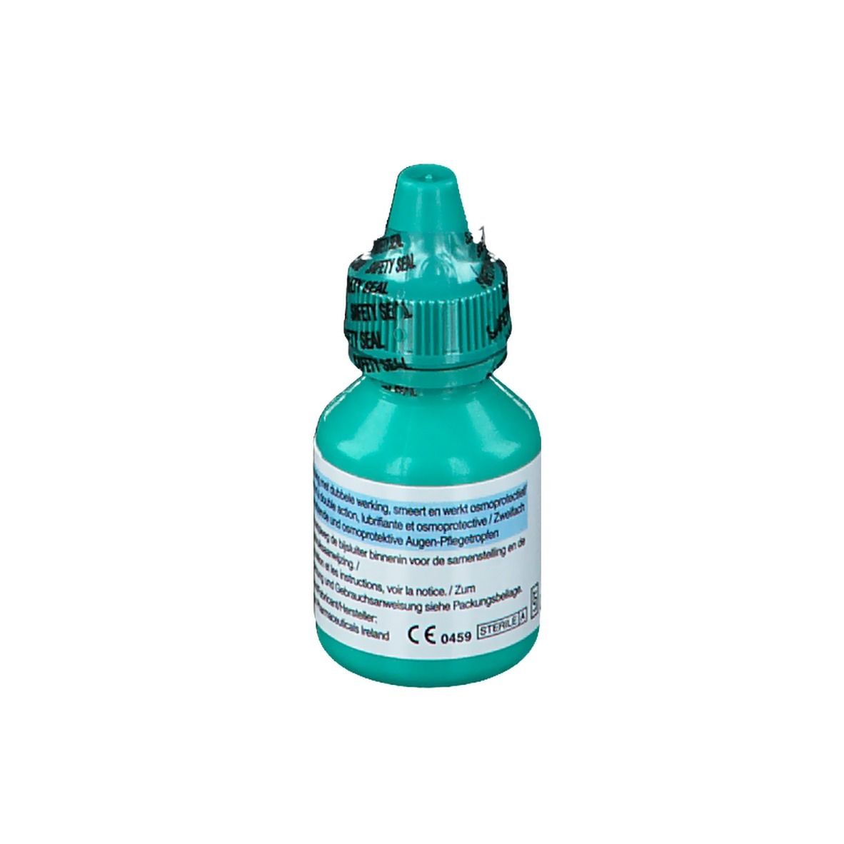 Flacon de gouttes ophtalmiques turquoise. Dos avec texte. Inscription : Zweifach wirksame Augen-Pflege.