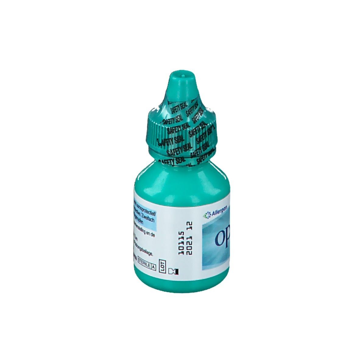 Flacon de gouttes ophtalmiques turquoise. Inscription : optive. Impression : 2021 12.