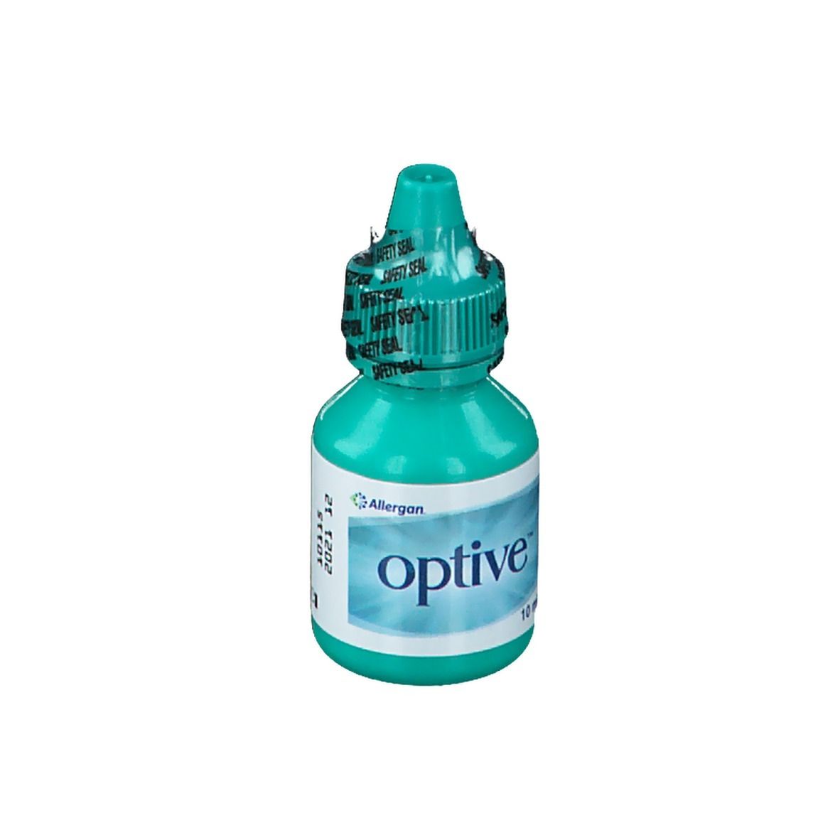 Flacon de gouttes ophtalmiques turquoise avec étiquette blanche. Inscription : optive. 10 ml.