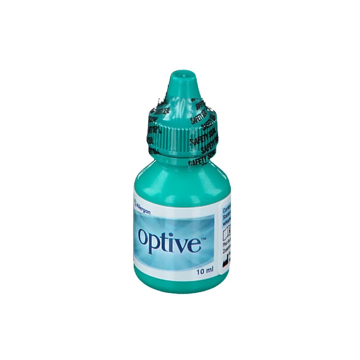 Flacon de gouttes ophtalmiques turquoise avec étiquette blanche. Inscription : optive. 10 ml.