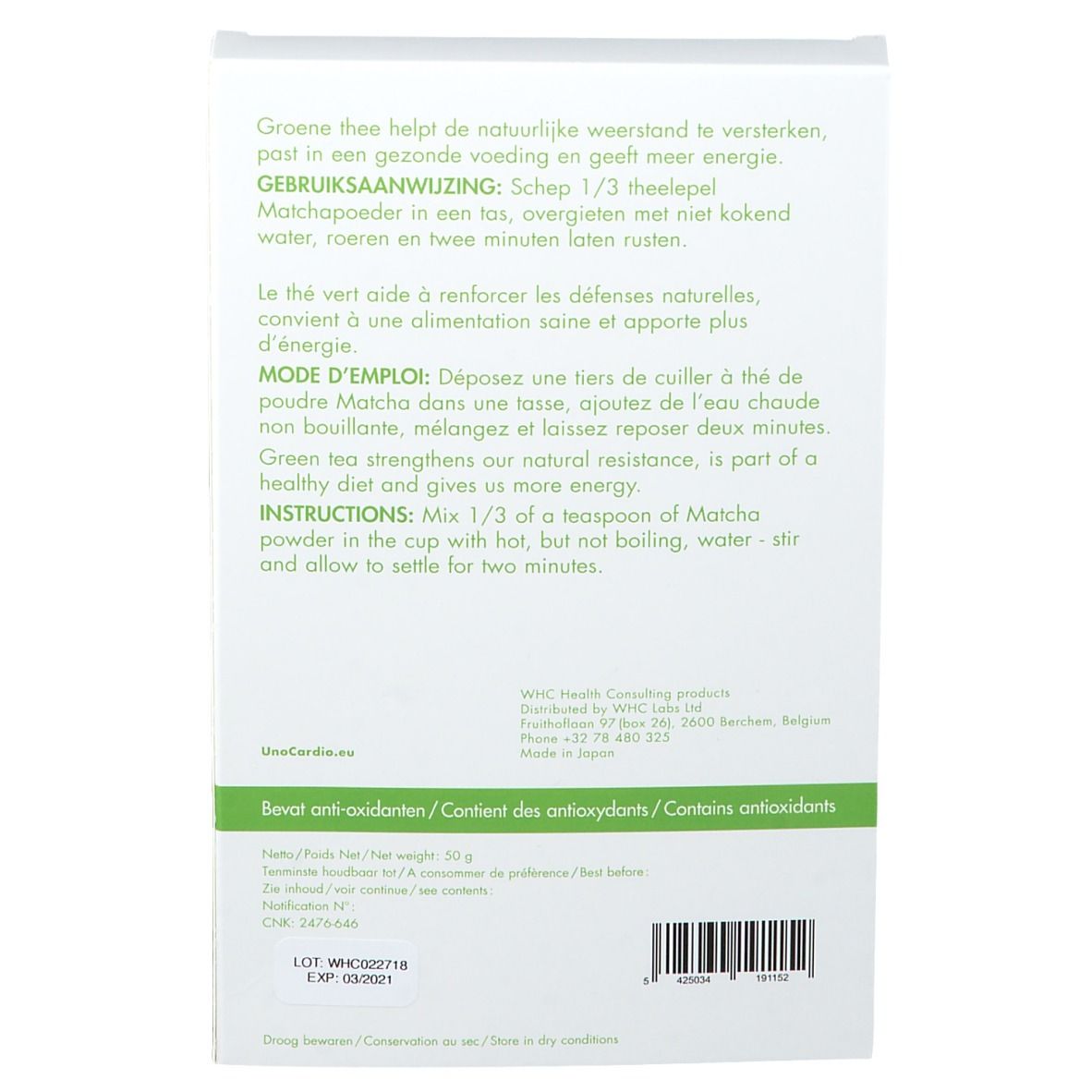 Dos de l'emballage avec texte multilingue. Contient des instructions pour préparer le thé matcha.